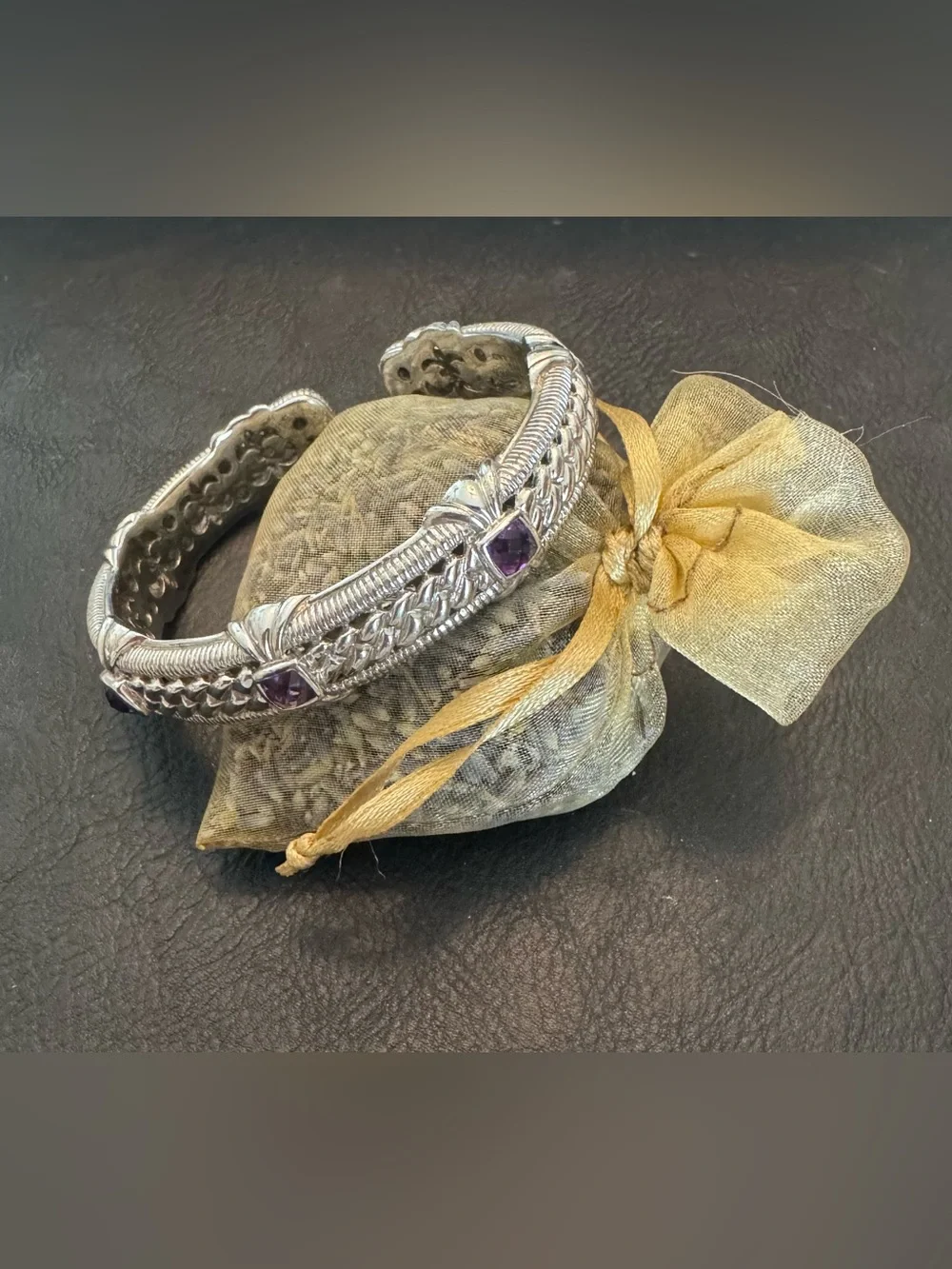 Judith Ripka Silver Braided Open Hinged Cuff with Amethyst stones